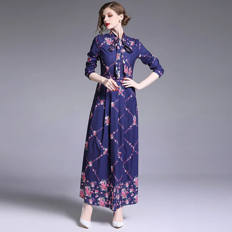 Dress Women Plus Size Long Maxi Pleated Dress2019 Spring/Summer New Fashion Vintage High-end Elegant Printed Bow A-Line Dress