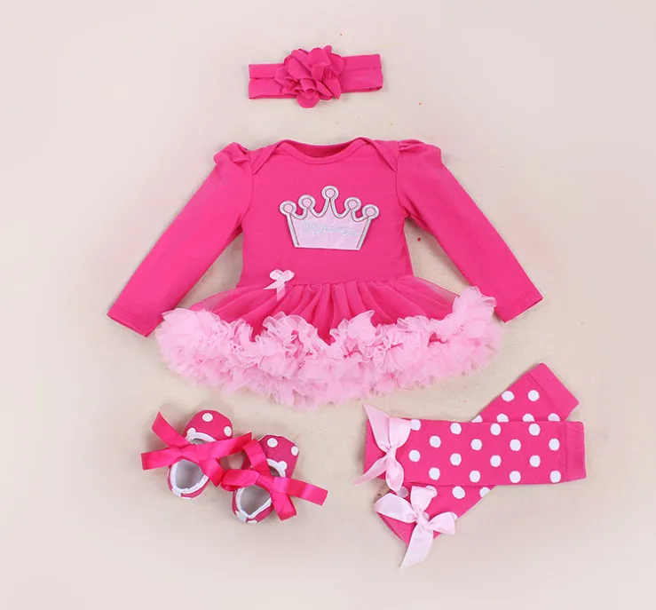 Kids First Birthday Costumes Baby Girl Clothing Sets Crown Rompers Lace Tutu Dress Jumpsuit Flower HeadBand Shoes Sock 4pcs suit