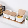 Ensemble de 3 Pots à épices, bols avec cuillère et boîte en porcelaine et couvercle de stockage en bambou Pots à condiments support d'assaisonnement en céramique ► Photo 2/5
