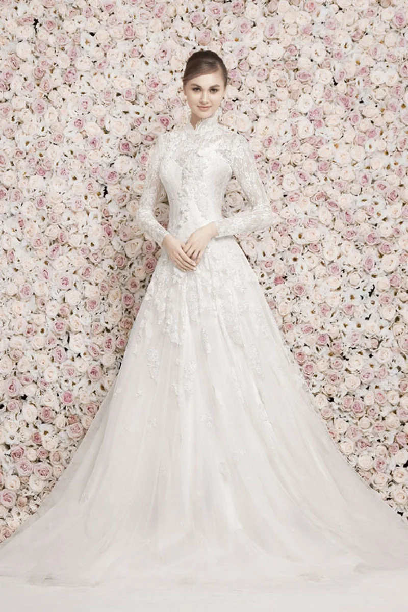 

New Style Elegant Lace Wedding Dresses 2015 Floor Length A-Line Georges Hobeika Wedding Gowns With Long Sleeves High Neck