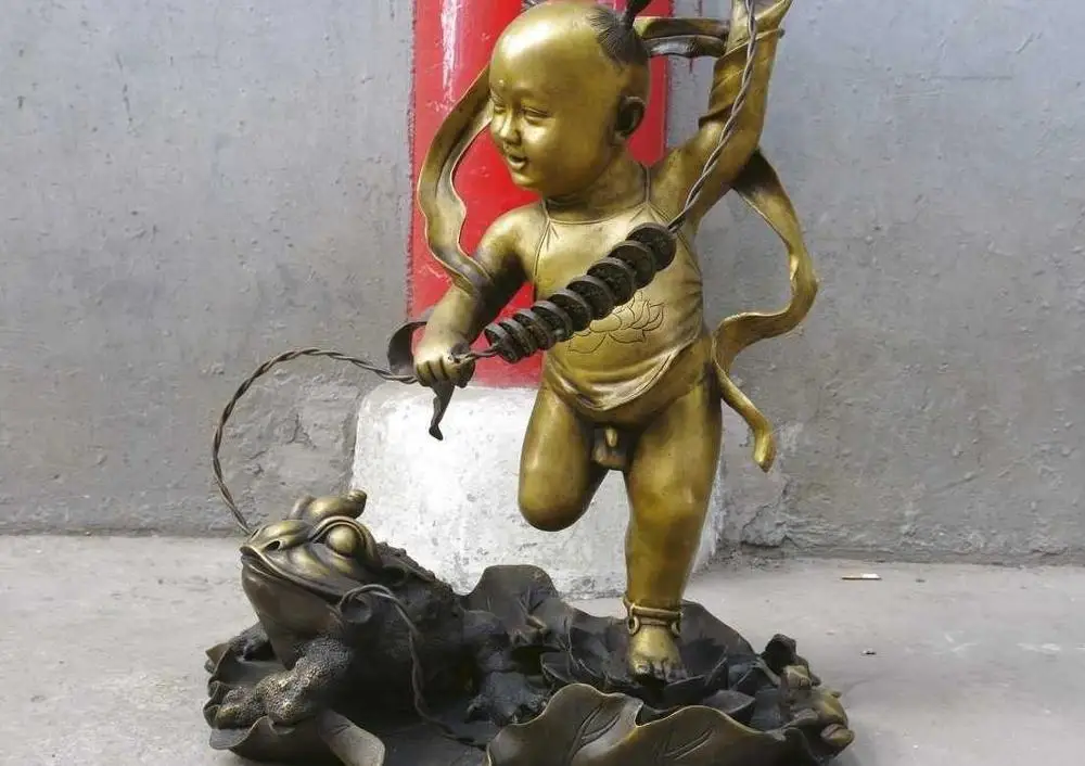 

20" China brass Buddhism Spittor water lily lucky mammon boy Sculpture Statue