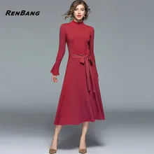 RENBANG 2018 Spring Knitted Dress Women New Stand Neck Long Sleeve High Quality Office Lady Casual Long Sweater Dresses