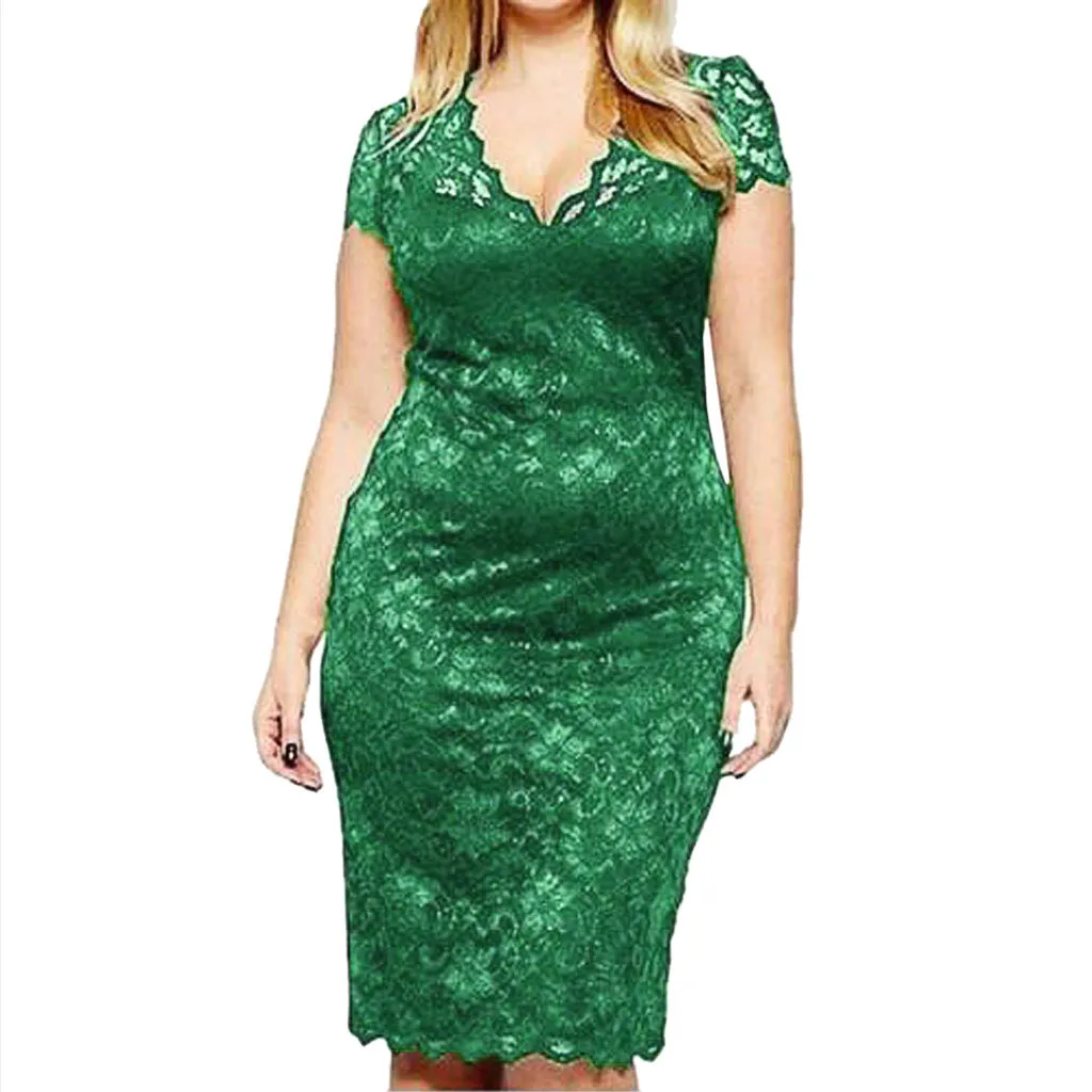 

SAGACE Fashion Women Sexy Plue size Solid Short Sleeve V-Neck Lace Hollow out Dress Summer Polyester Sheath Dress travel July 15