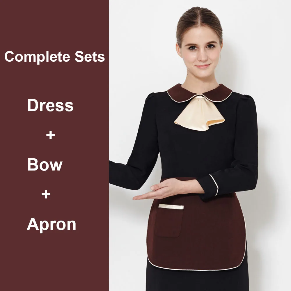Великолепная женская униформа официантки, рабочая одежда для ресторанов, комплекты со шляпой, черный Рабочий Фартук, одежда косметолога, униформа N017 - Цвет: Complete Sets