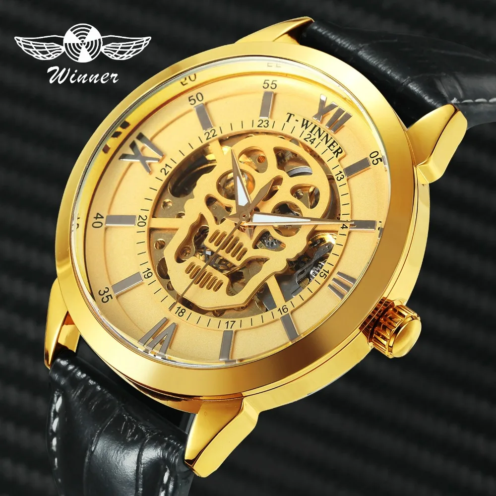 

WINNER Official Steampunk Gold Skull Watch Men Automatic Mechanical Skeleton Watches Leather Strap Roman Numerals Wrist Watch