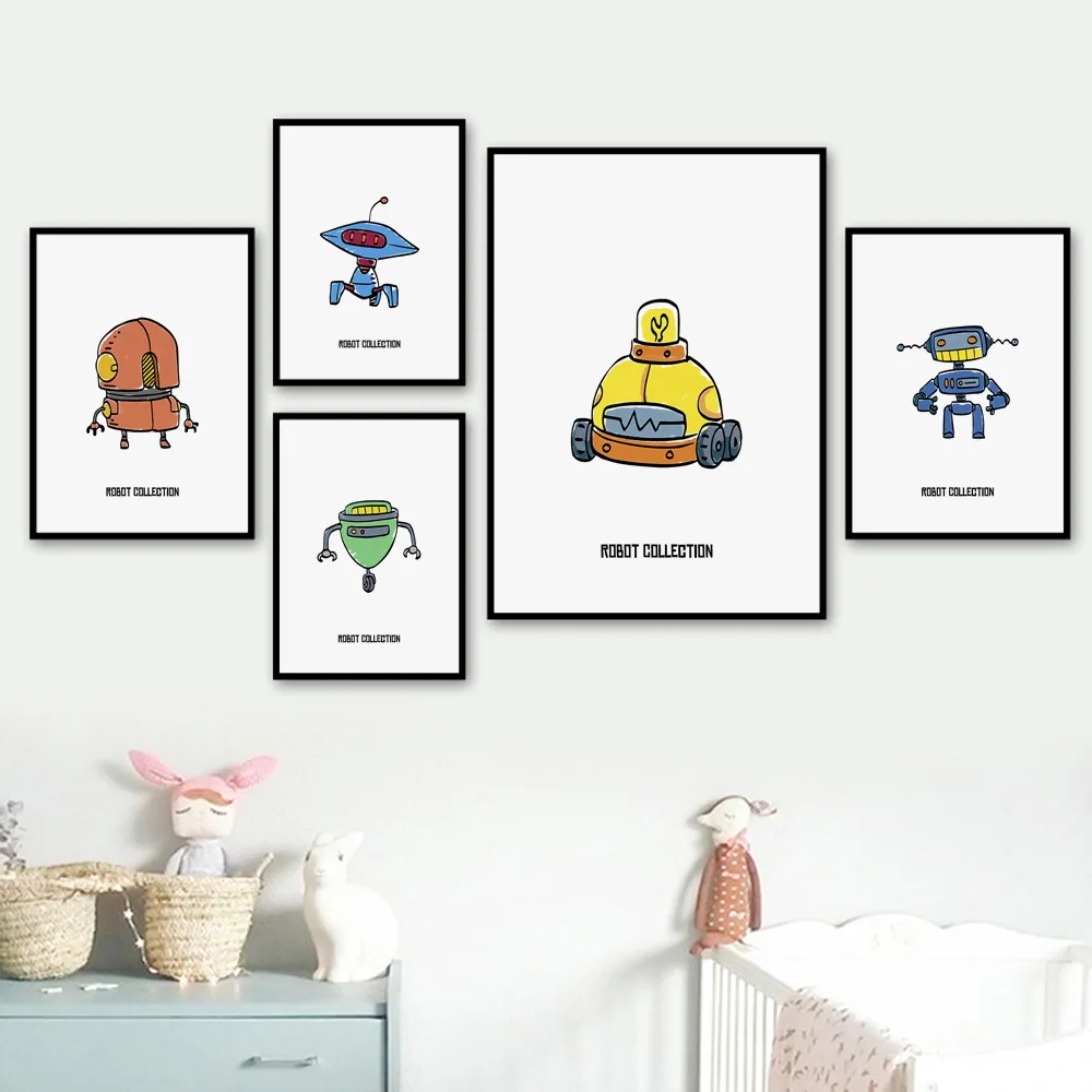 Creative Cartoon Robot Childlike Cute Nordic Minimalist Style Prints Poster Wall Art Canvas Painting Nursery Pictures Baby Kids | Дом и сад