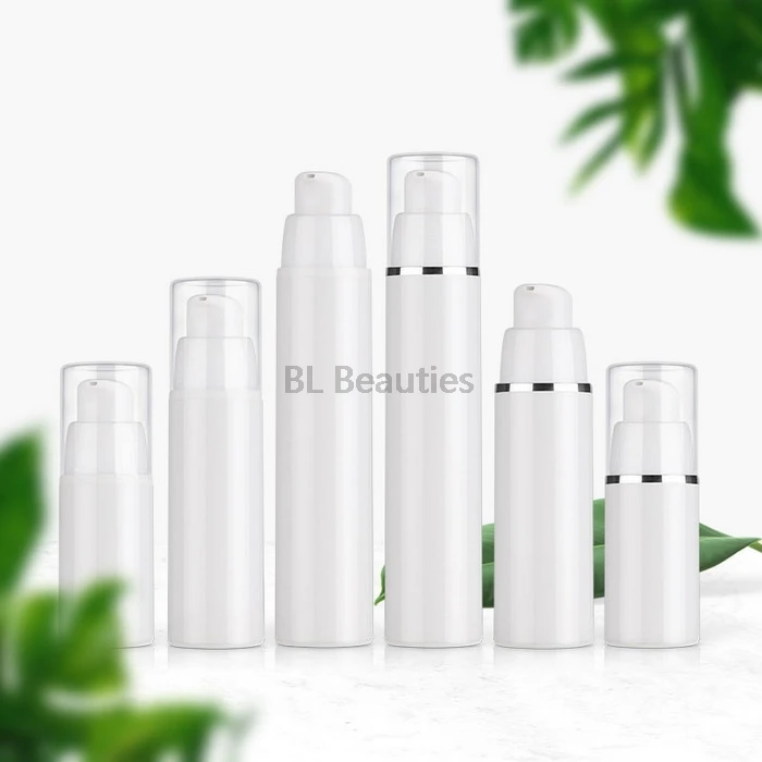 

500pcs/lot 15ml 30ml 50ml White Airless Lotion Pump Dispensing Bottle 1oz PP Cosmetic Containers Packaging With Silver Edge