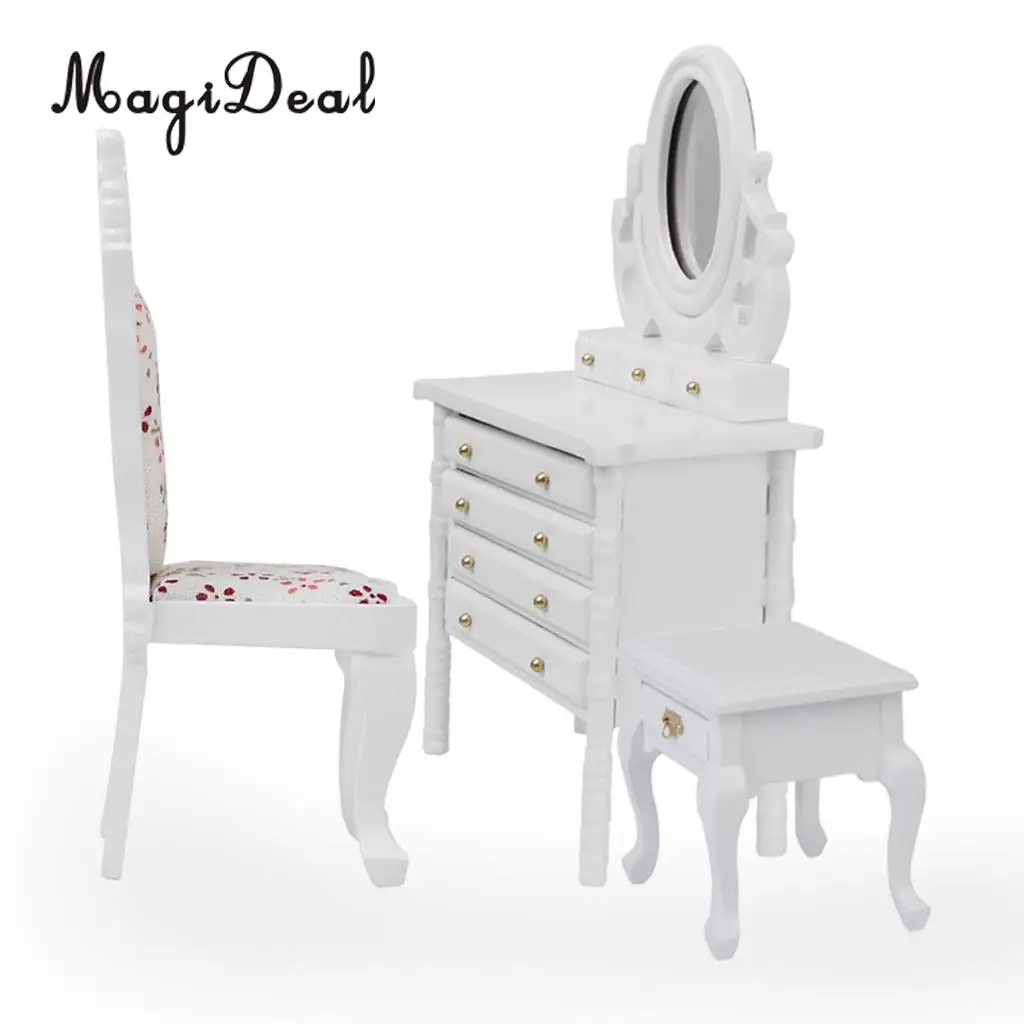 

MagiDeal 1Pc 1:12 Dollhouse Miniature White Wooden Dressing Table Model Desk Mirror Furniture for Bedroom Dolls Make-up Toys