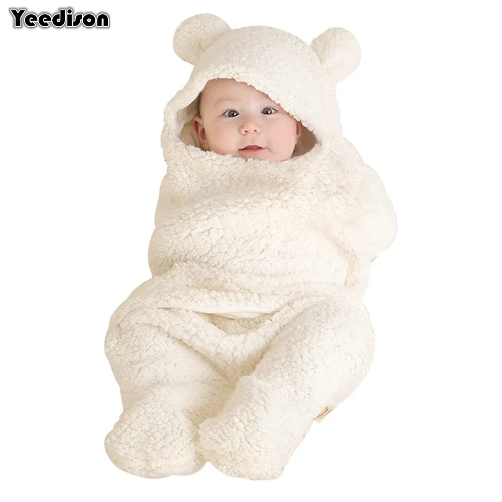 Yeedison Autumn Winter Envelope For Newborns Solid Warm Baby Sleeping Bag Coral Fleece Infant Swaddle Blanket Hooded Footmuff (1)