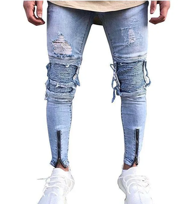 Men Jeans Men's Ripped Slim Fit Straight Zipper Denim Pants Vintage Style Motorcycle with Broken Holes