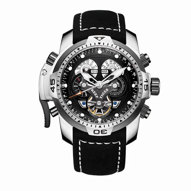 Reef Tiger Aurora Serier RGA3503 Men Sport Military Multifunction Dial Automatic Mechanical Wrist Watch - Leather Watchband afbeelding