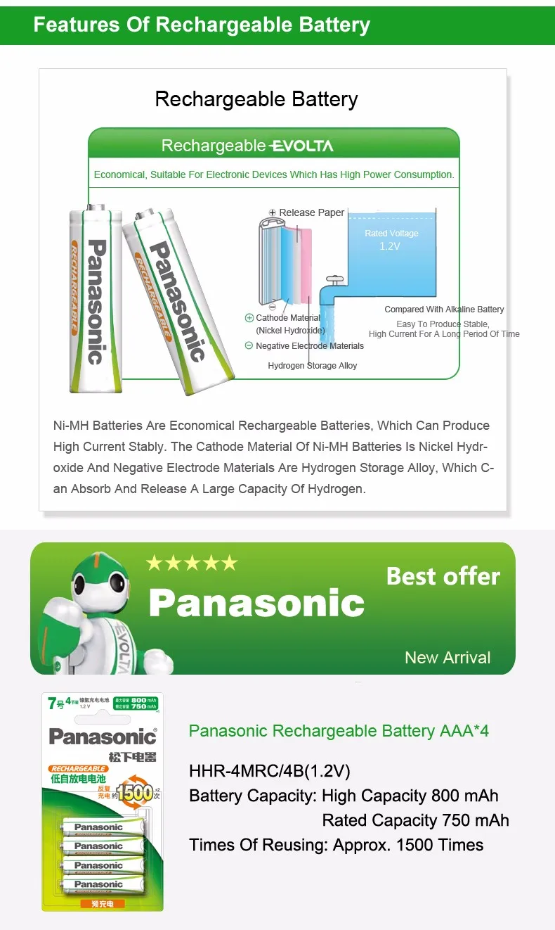 Panasonic высокоэффективные AAA батареи 1500 раз рециркуляции Ni-MH предварительно заряженные HHR-4MRC/4B перезаряжаемые батареи