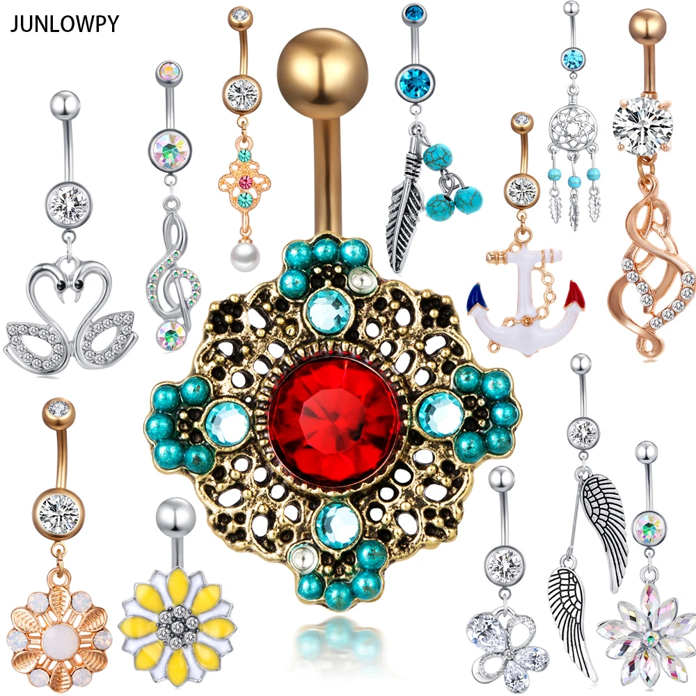

JUNLOWPY Dangle Belly Button Rings Surgical Steel Body Jewelry 14g Screw Navel Bar Ear Helix Fashion Earring Piercing Sets 20pcs