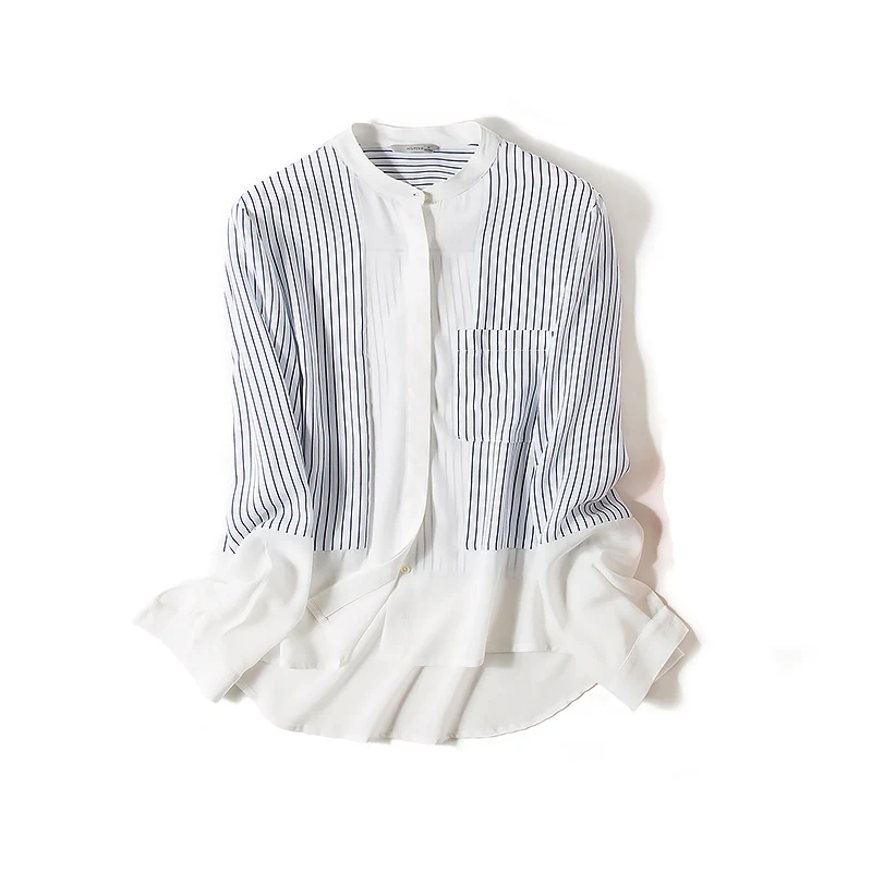 Женская шелковая блуза из натурального шелка с длинными рукавами, полосатая повседневная блуза с одним карманом, офисная женская рубашка, весна - Цвет: Stripe