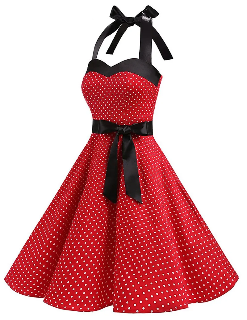 Kostlich Summer Dot Dress Sexy Halter Backless Women Vintage Dress Swing Elegant Party Dresses Plus Size Sashes With Bow Tie (10)