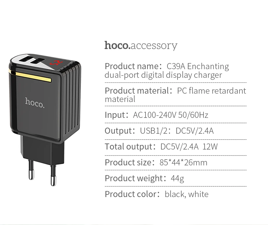 HOCO 5V 2.4A USB зарядное устройство для iPhone XS XR iPad EU Plug настенное зарядное устройство адаптер Светодиодный дисплей зарядное устройство для мобильного телефона для samsung Android