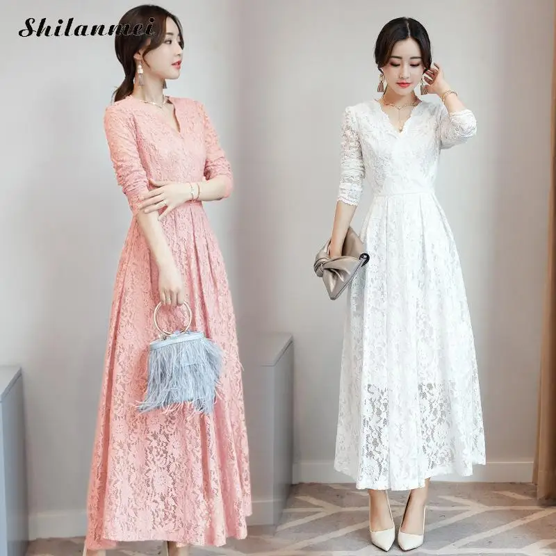 Women long sleeve pink black blue white lace dress fashion elegant long maxi dress 2017 autumn korean plus size party vestidos long-white-lace-dress