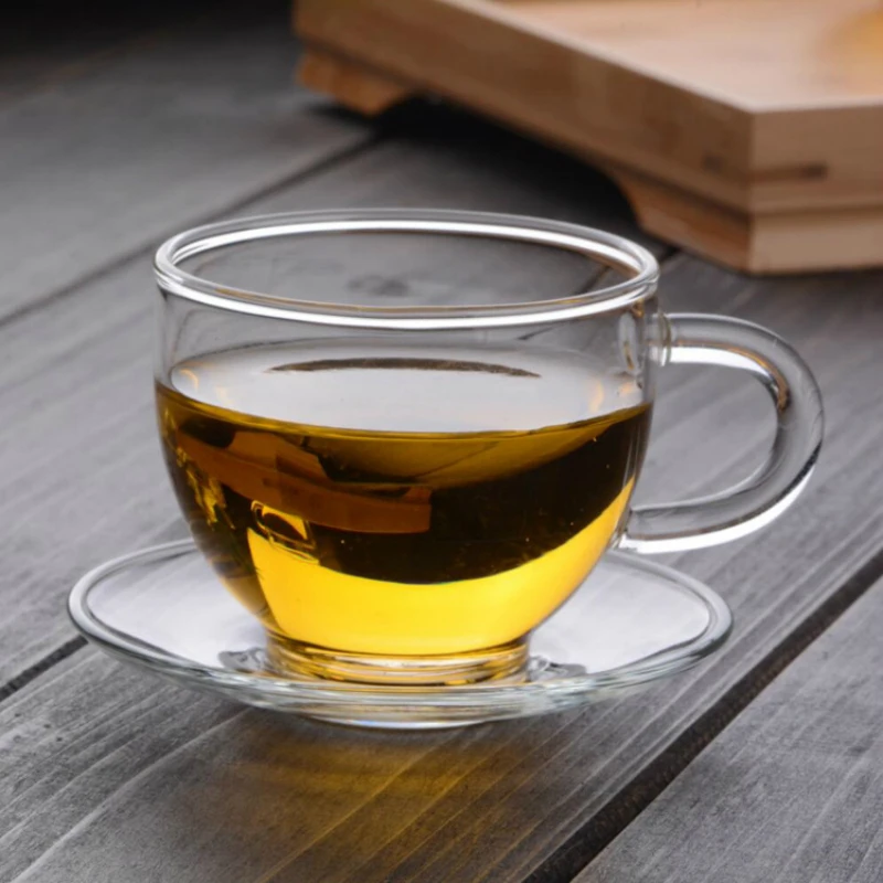 

80ml thick glass cup and saucer heat resistant small tea cup Kung Fu tea set with plate with handle glass