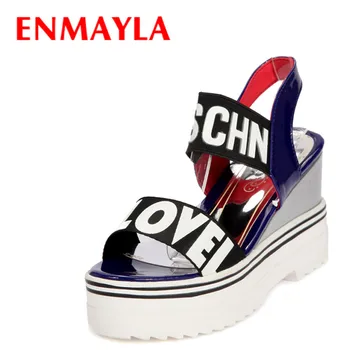 

ENMAYLA Summer Ankle Wrap Platform Sandals Women Wedges Heels Open Toe Shoes Woman Mixed Colors Words Red Casual Shoes Sandals