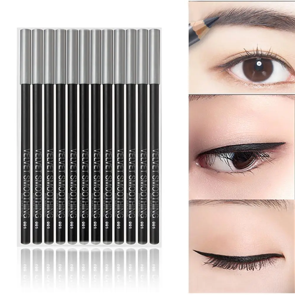 12PCS Black Eyeliner Pens Set Professional Waterproof Long Lasting Smooth Eyliner Pencil Makeup