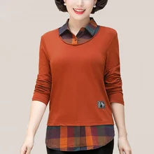 Новая Осенняя женская футболка среднего возраста с длинным рукавом и отложным воротником размера плюс, элегантная женская футболка для 40-50 лет T359