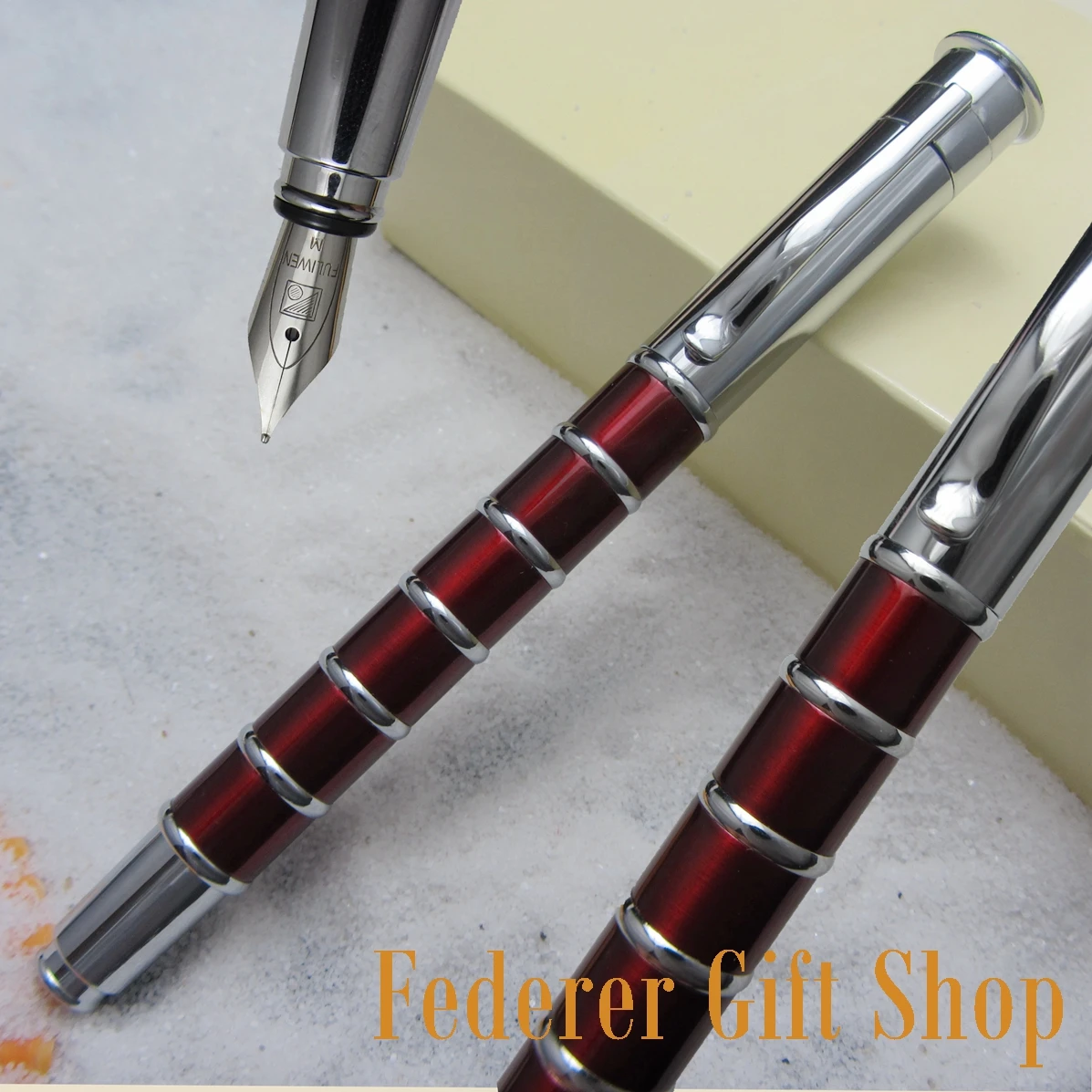 Fuliwen L815 Red Bamboo Shaped Pen Barrel and Silver Cap Fountain Pen M