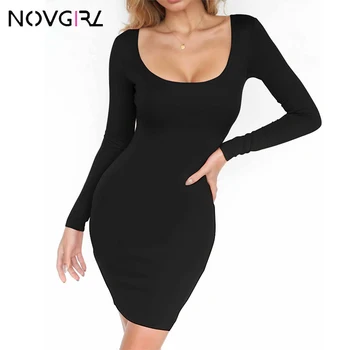 

Novgirl Women Sexy Bodycon Basic Dress 2019 Autumn Winter O Neck Long Sleeve Soft Warm Black Dresses Casual Streetwear Vestidos