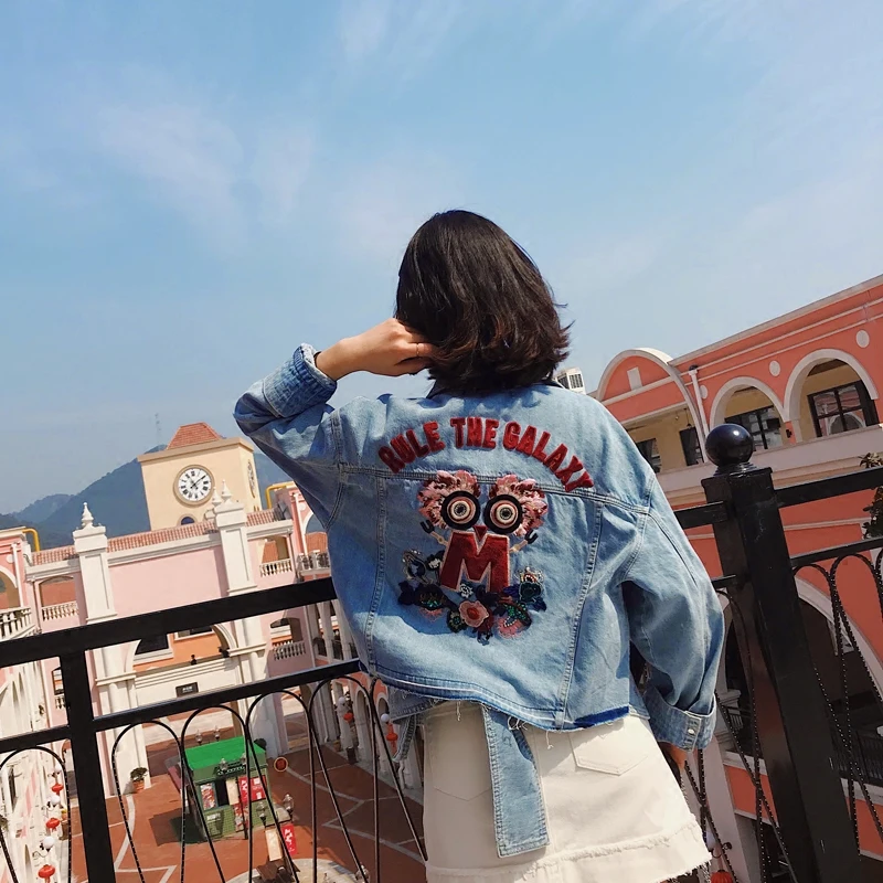 

New high end custom embroidered owl manual nail bead heavy thin jean jacket