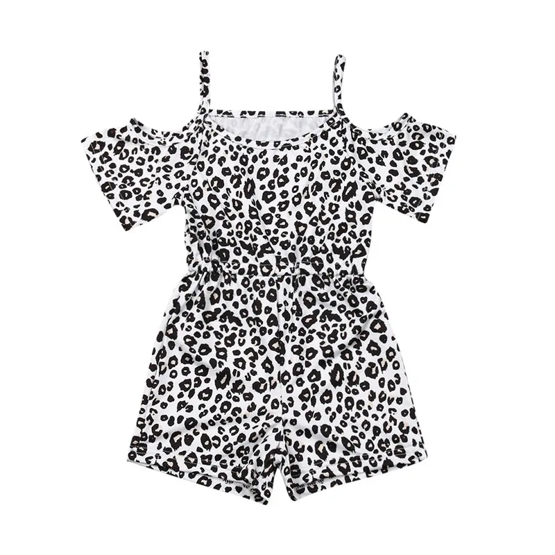 

2019 Fashion Kids Baby Girls Leopard Rompers Summer Girls Clothes Shoulderless Strappy Playsuits Short Sleeve Jumpsuits 1-6Y