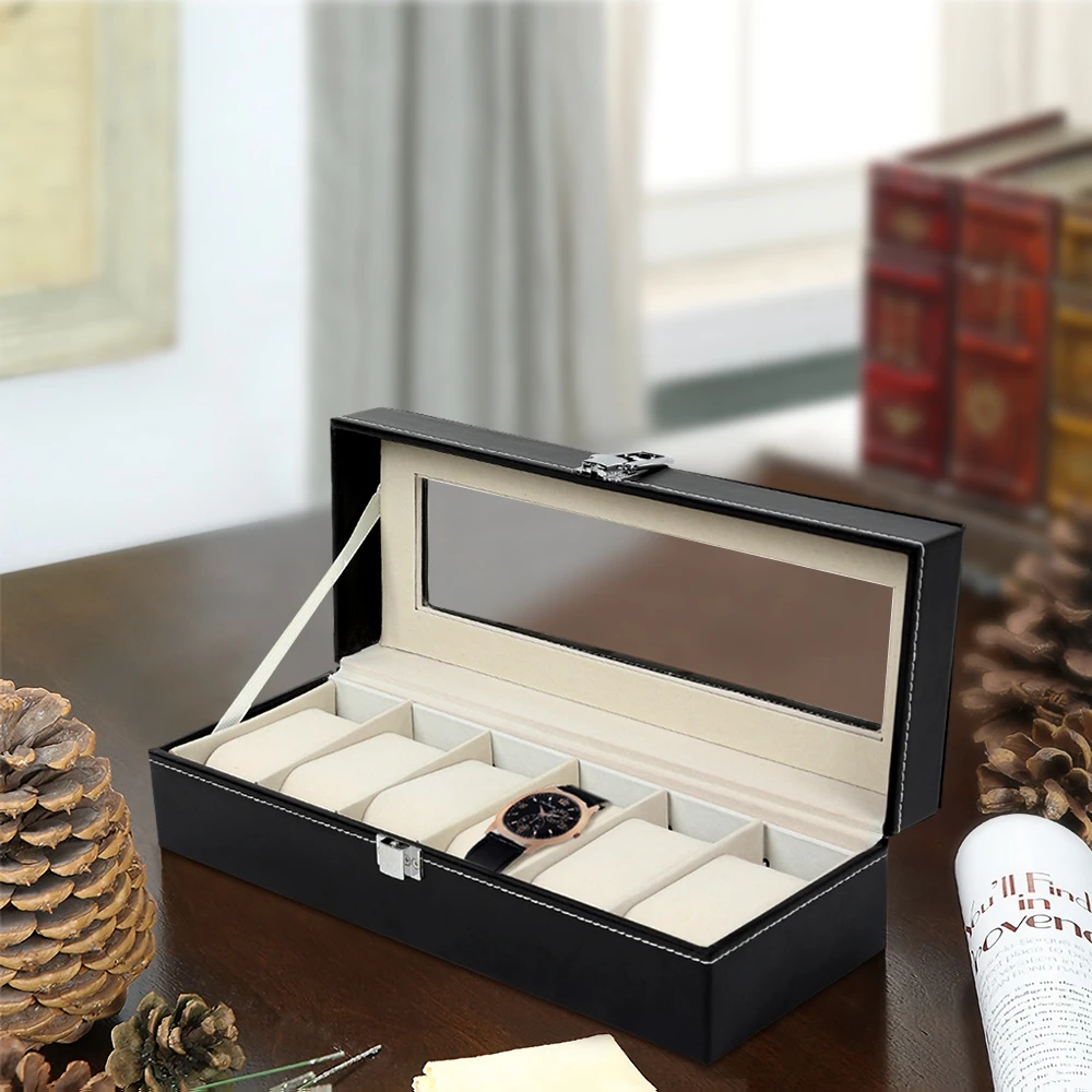 Hot Sale 6 Grids PU Leather Watch Box Jewelry Storage Case Watch Display Box caja reloj