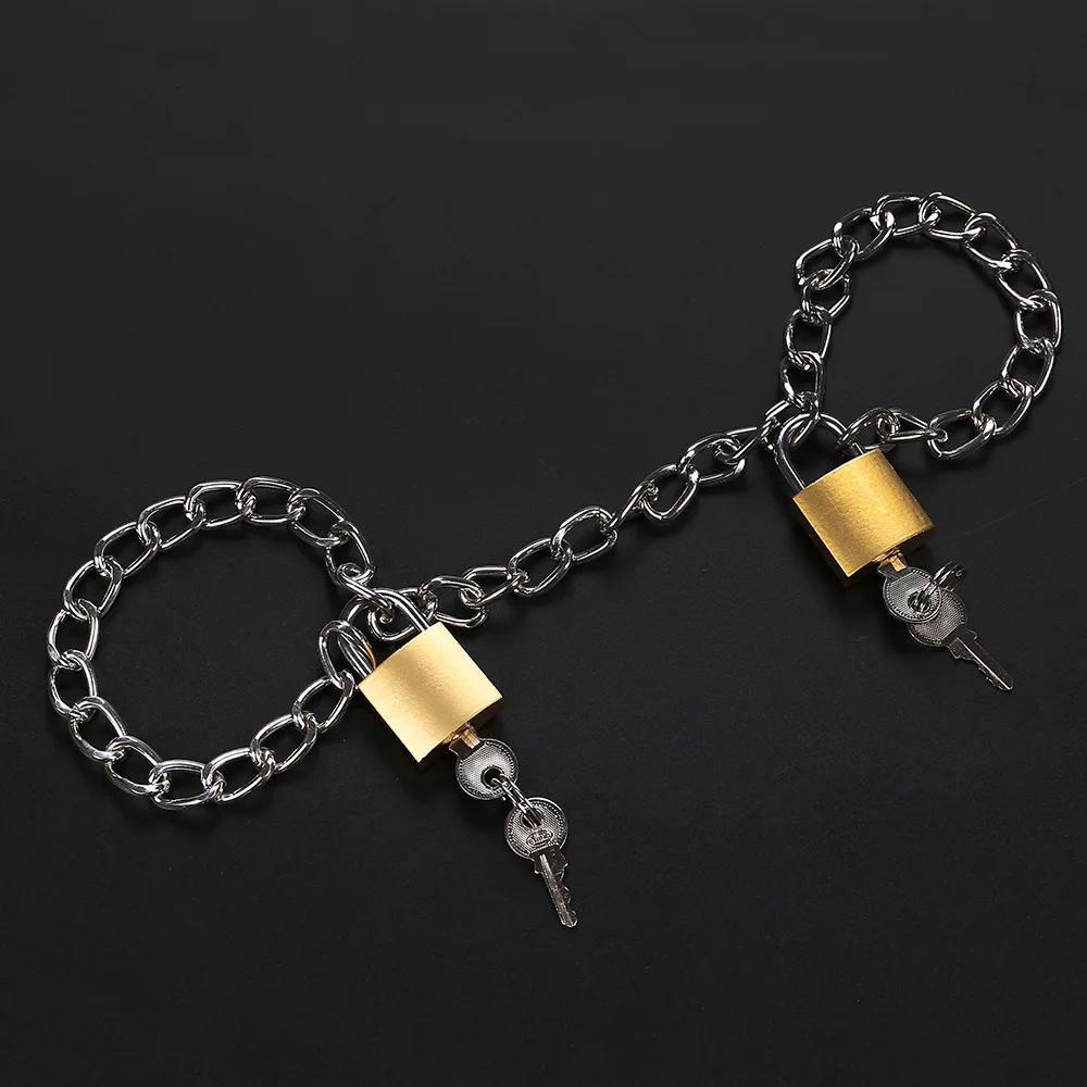 Adult games long chain handcuffs with 2 pcs lock bondage metal