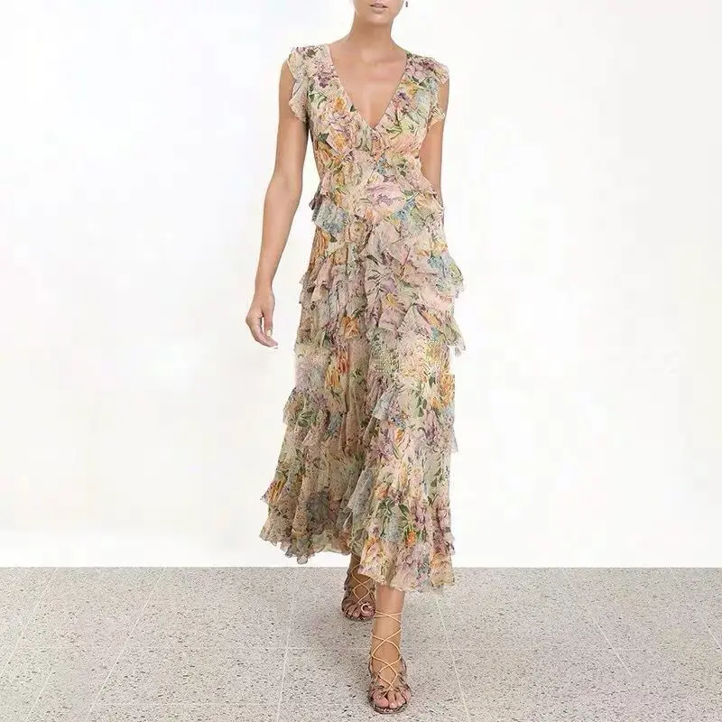Женское платье-каскад SMTHMA, модельное элегантное платье без рукавов с оборками, длинное платье с принтом тюльпанов, богемное пляжное платье для отпуска, лето