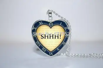 

10pcs/lot Shhh! Pendant, Book Lover, Librarian Gift, Steampunk, Clock heart Necklace Glass Photo Cabochon Necklace