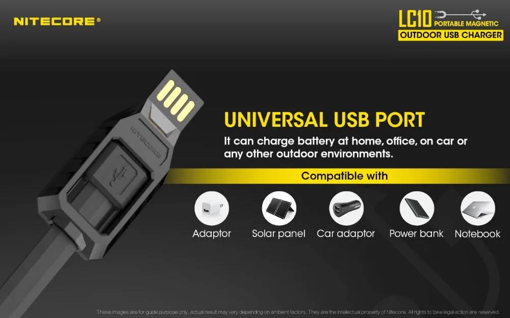 1 шт. Лучшая цена NITECORE LC10 портативное магнитное USB зарядное устройство для 1A MAX DC 5 В цилиндрическая литий-ионная аккумуляторная батарея с датчиком l