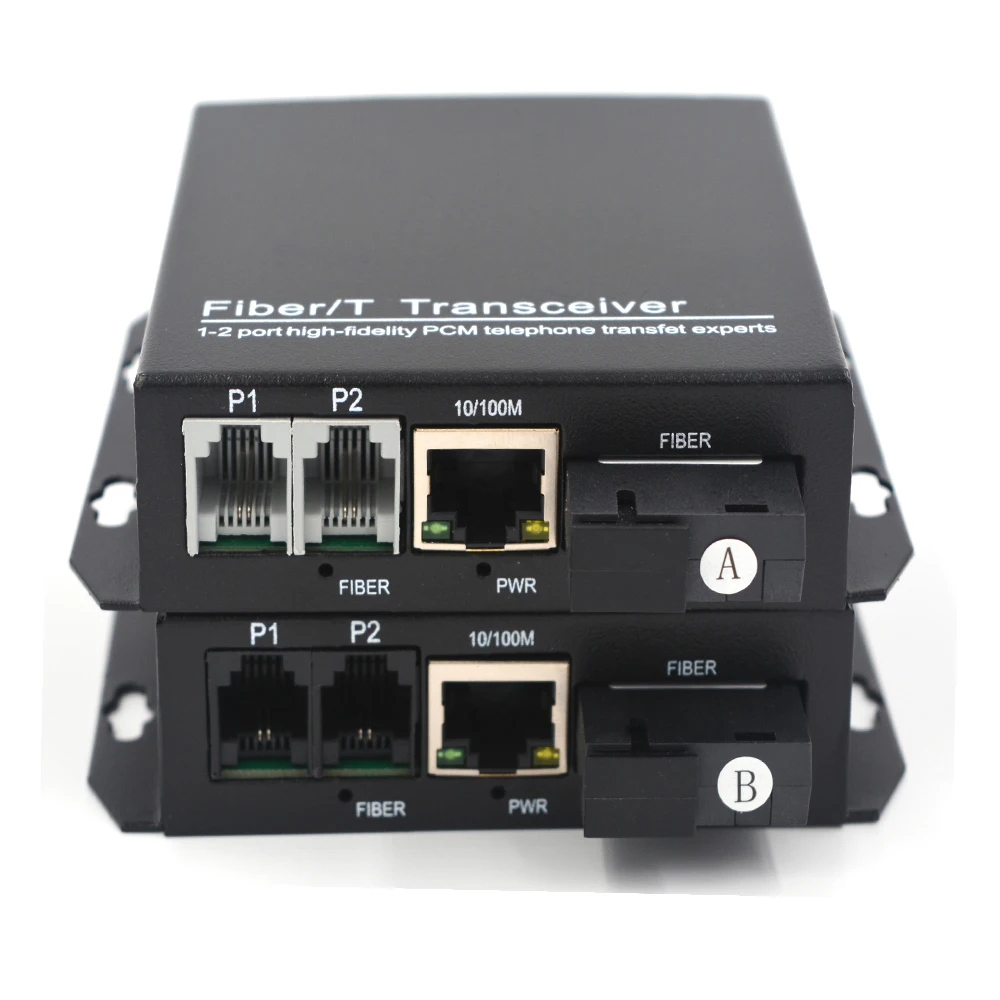 قسط الهاتف موسعات-2 قنوات PCM صوت الهاتف عبر الألياف البصرية يصل 20Km 10/100 Mbps إيثرنت SC المفردة الألياف