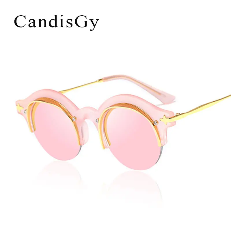 С плоскими стеклами и половинной рамкой круглый Роскошные Для женщин солнцезащитные очки модные Брендовая Дизайнерская обувь UV400 Розовая