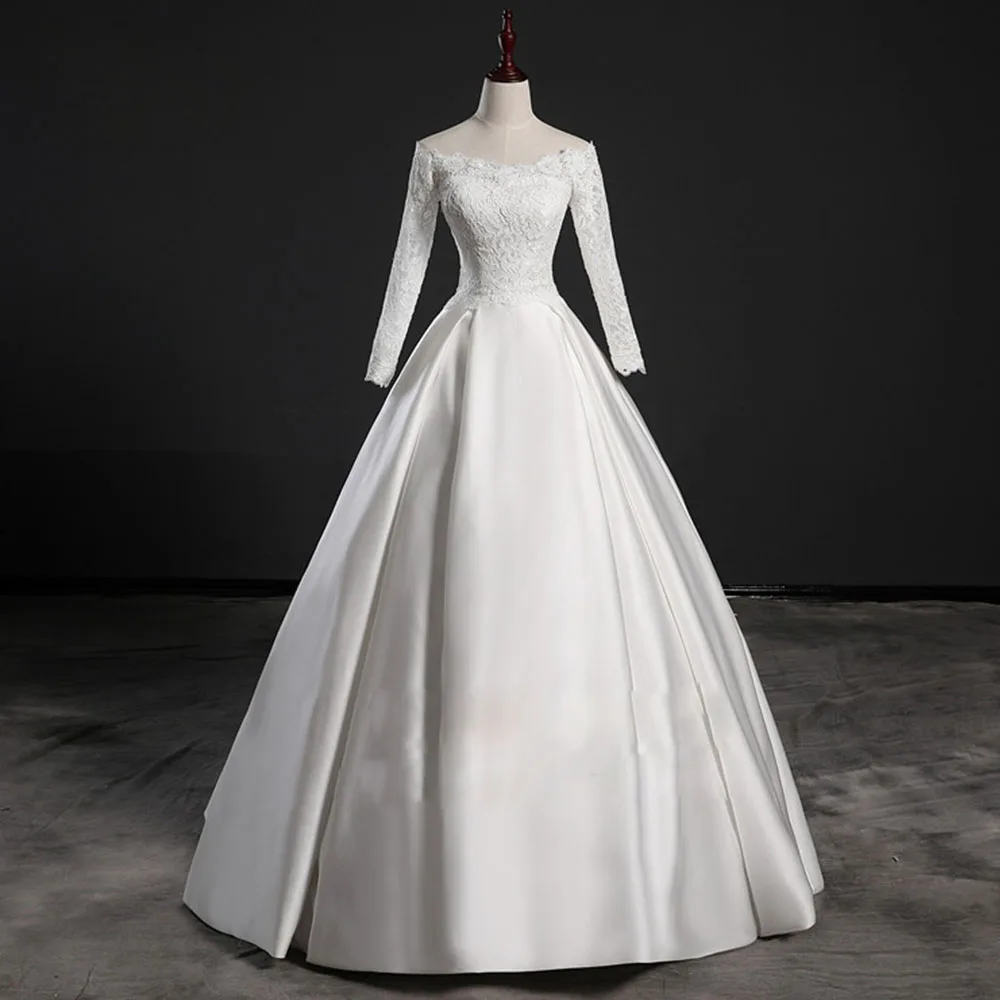 На заказ; длинное рукавом Свадебные платья с подъюбником Robe De Mariee 2019 кружево сатиновое свадебное платье плюс размеры Alibaba Китай