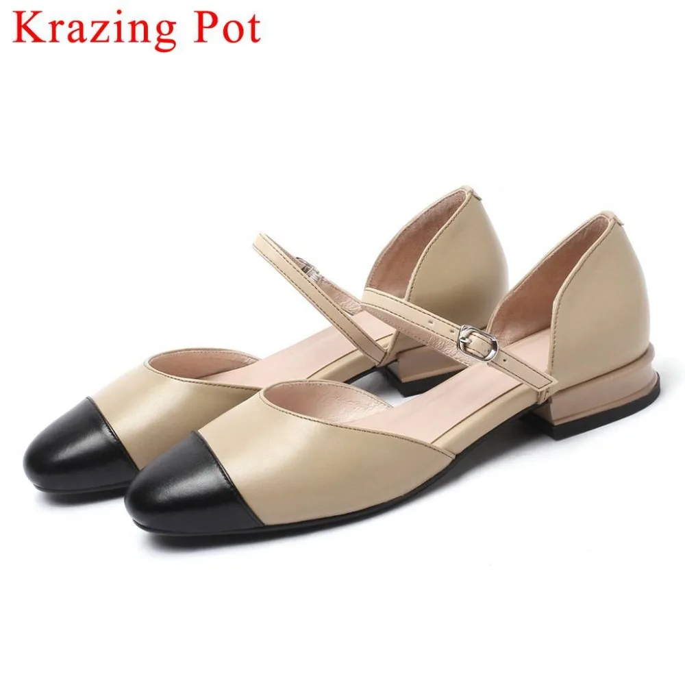 

Krazing Pot genuine leather slip on low heels square toe mixed colors summer hollow sandals simple design daily wear shoes L55