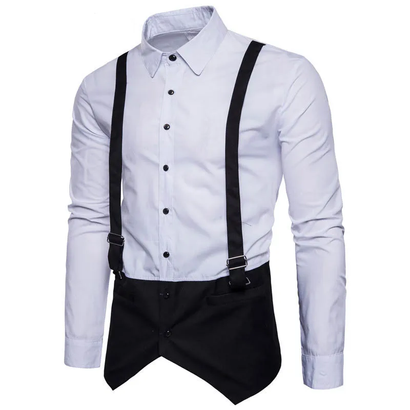Men Casual Shirts Fashion Long Sleeve Cotton Fake Two Straps Shirt Men's Loose Shirts Homme