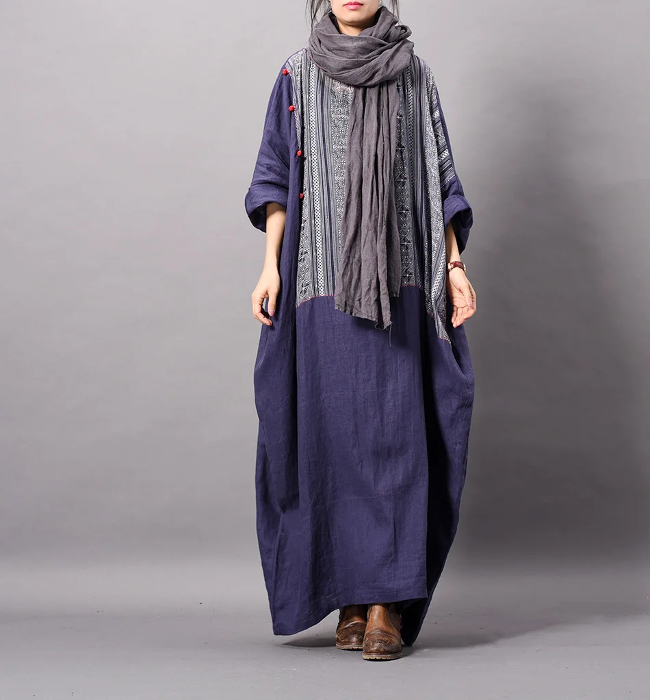 

Women Spring Patchwork Plus Size Linen Robe Dress Ladies Big Size Dress Female Vintage Retro Spliced Loose Flax Dress 2019
