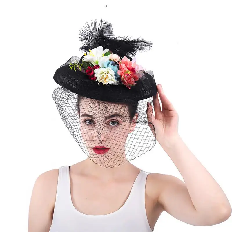 

New Style Bridal Face Veil Exotic Bridal Headdress Lace Mesh Colorful Flower Feather Wedding Veil Handmade Vintage Elegent Veil