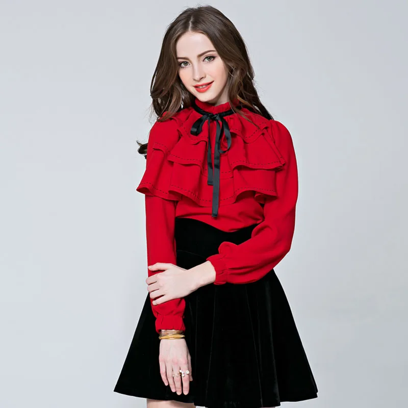 New Brand Runway Designer Shirts Women's Elegant Long Sleeve OL Ruffles