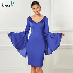 DressV V шеи Элегантный Индиго коктейльное платье до колен оболочка с длинными рукавами Свадебная вечеринка торжественное платье 2017