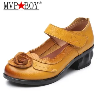 

MVP BOY 2018 Retro Style Handmade Leather Shoes Women Thick With Heels Flowers Round Toe flats Heels yellow black red