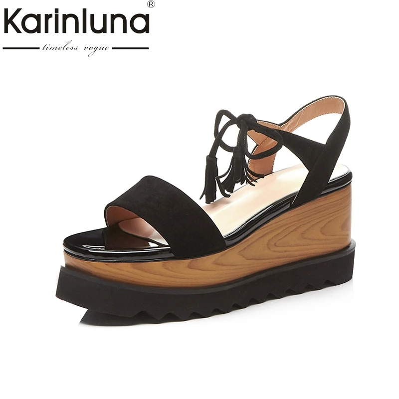 

KARINLUNA Plus Size 33-42 Kid Suede Genuine Leather Fringe Summer Platform Sandals Shoes Women High Heels Woman Shoes