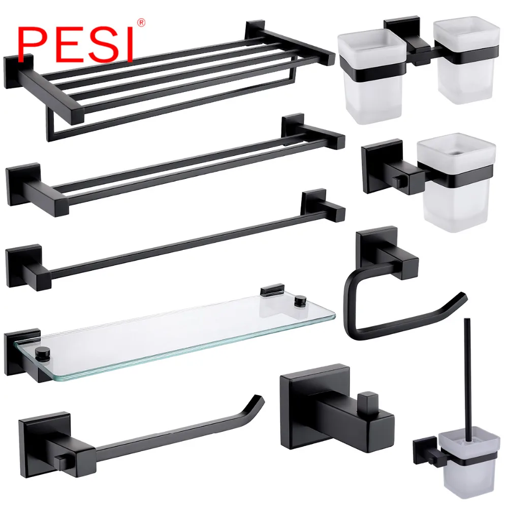 

Wholesale Bathroom Hardware Set Robe Hook Towel Rail Rack Bar Shelf Paper Holder Toothbrush Holder Bathroom Accessories,Black.