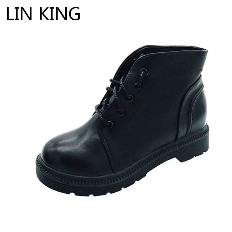 

LIN KING Med Square Heel Women Boots Fashion Lace Up Solid Short Shoes Low Heel Thick Sole Ankle Boots Casual Work Safety Boots