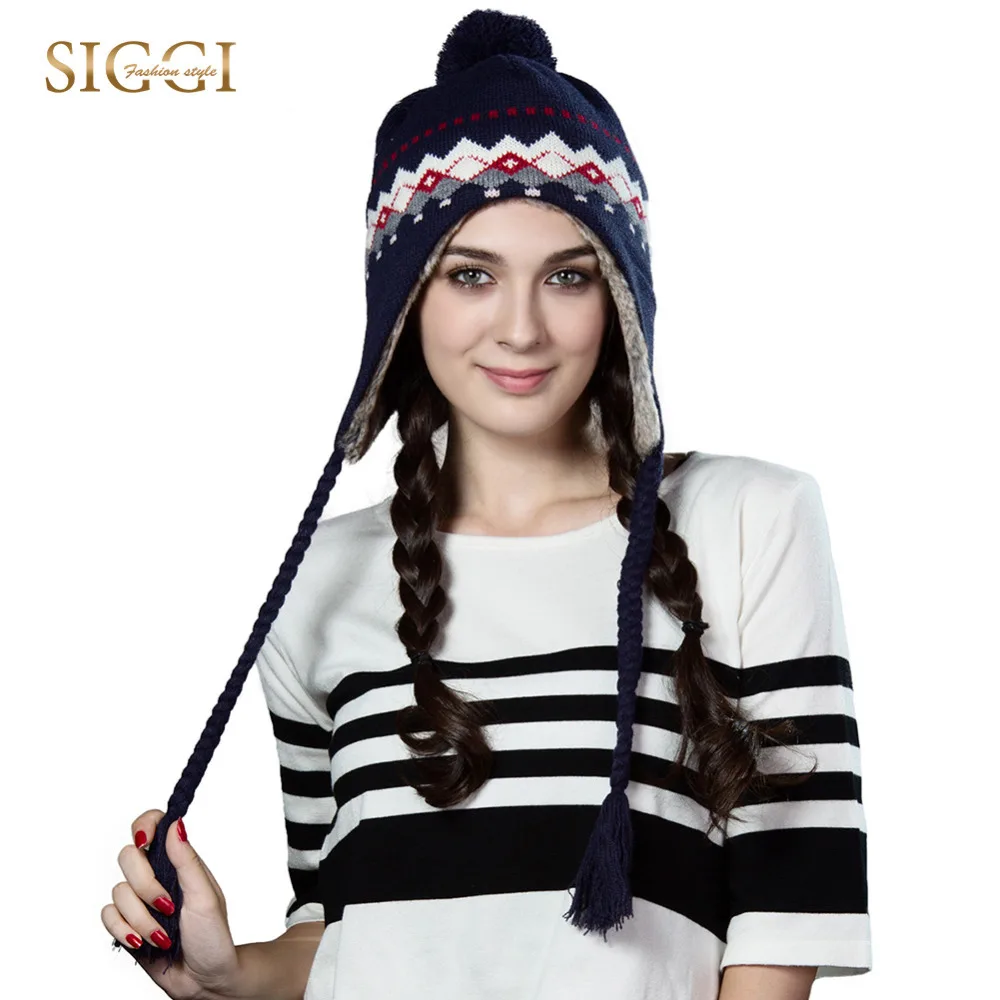 

SIGGI Women knitted beanie russian hat bonnet wool winter earflap pom pom autumn cap warm new 16204