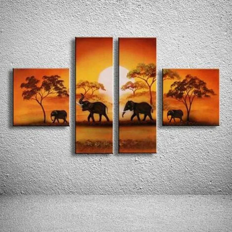 

Large 4 Piece Canvas Picture Handpainted Abstract Oil Painting Handmade African Elephant Landscape Paintings Home Decor Wall Art