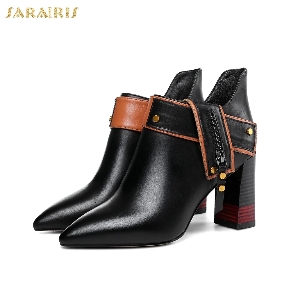 

SARAIRIS New Arrivals Wholesale High Heels Genuine Cow Leather Boots Women Shoes Zipper Pointed Toe Shoes Woman Ankle Boots